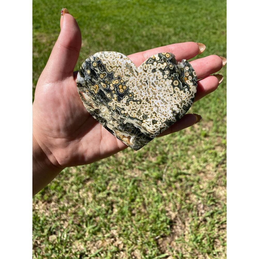 8th Vein Ocean Jasper Heart Carving, 184 g, Unique Orbicular Sea Jasper